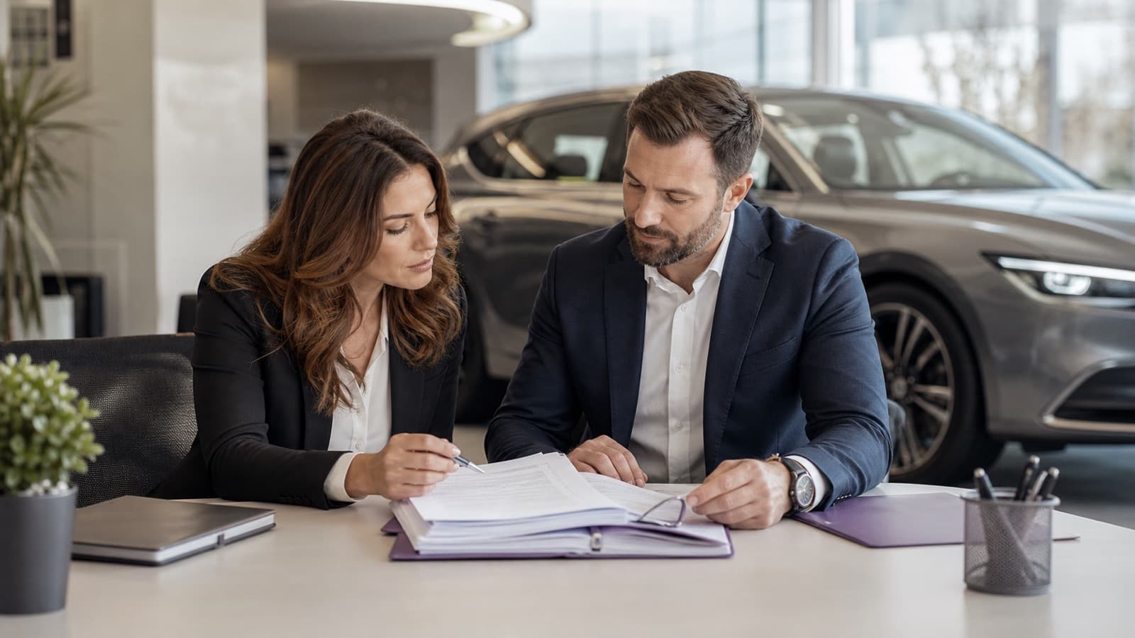 Auto a noleggio lungo termine davanti a una concessionaria con documenti di contratto sul tavolo