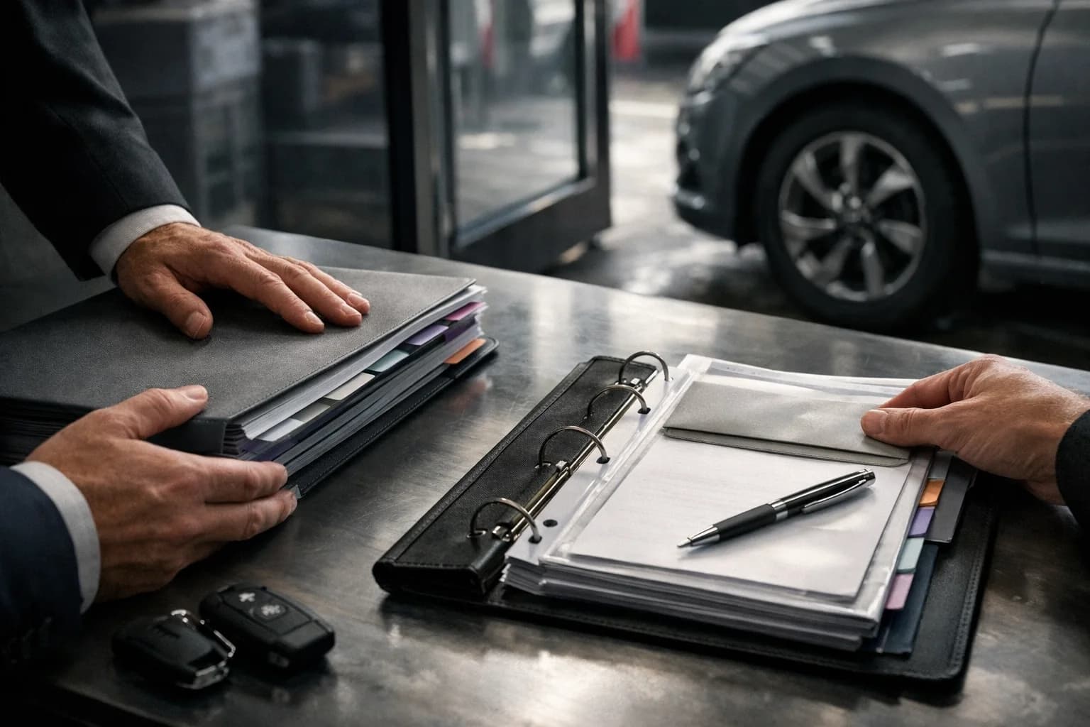 Concessionario che valuta auto usate certificate per un’offerta di noleggio a lungo termine