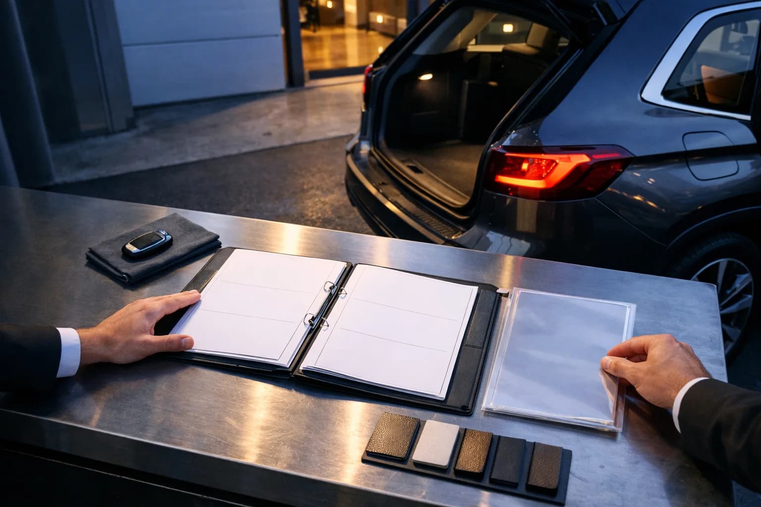 Personale concessionaria valuta allestimenti auto e dotazioni su scheda tecnica e tablet