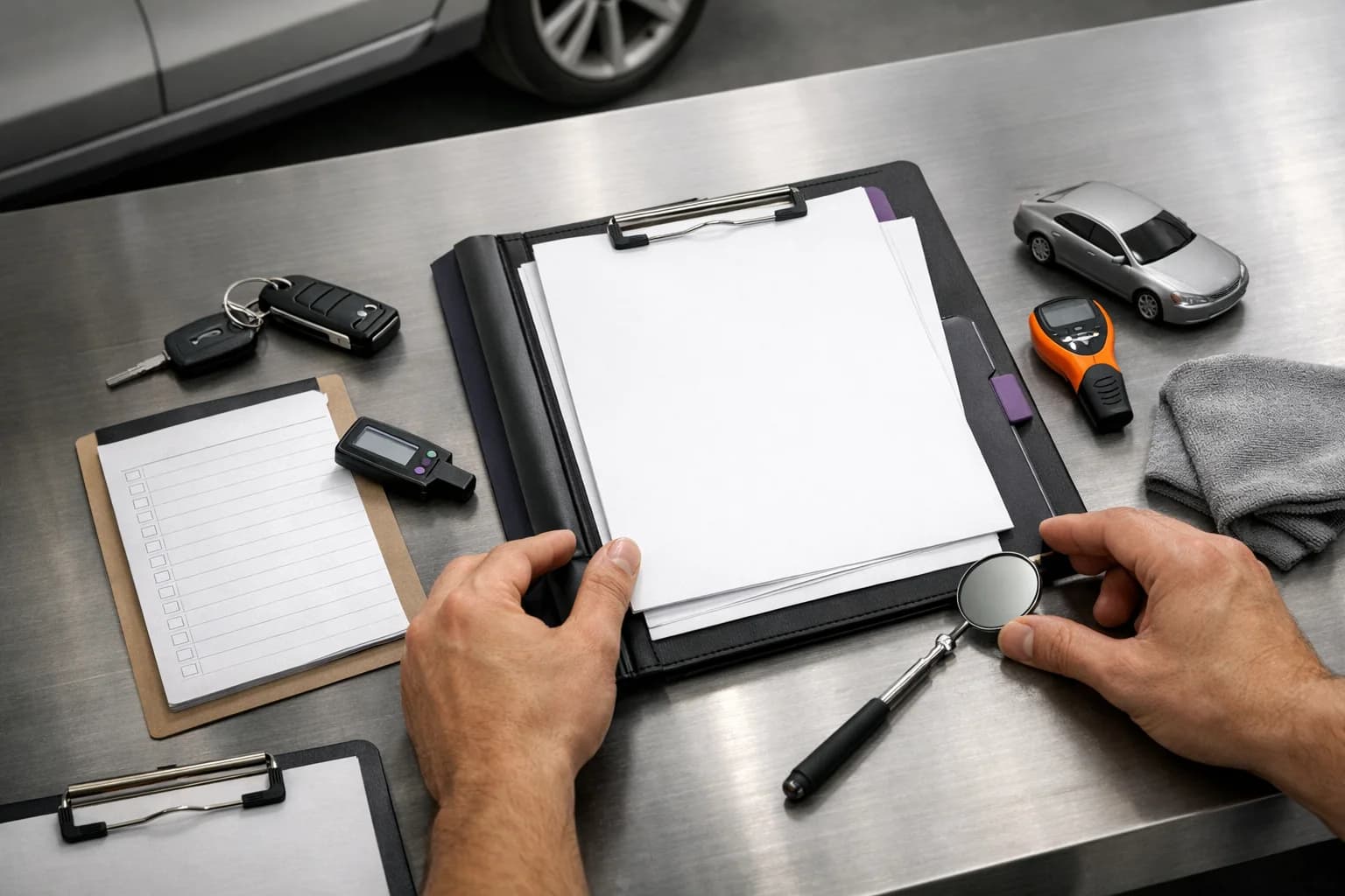 Operatore automotive che verifica un'auto prima della restituzione nel noleggio a lungo termine.