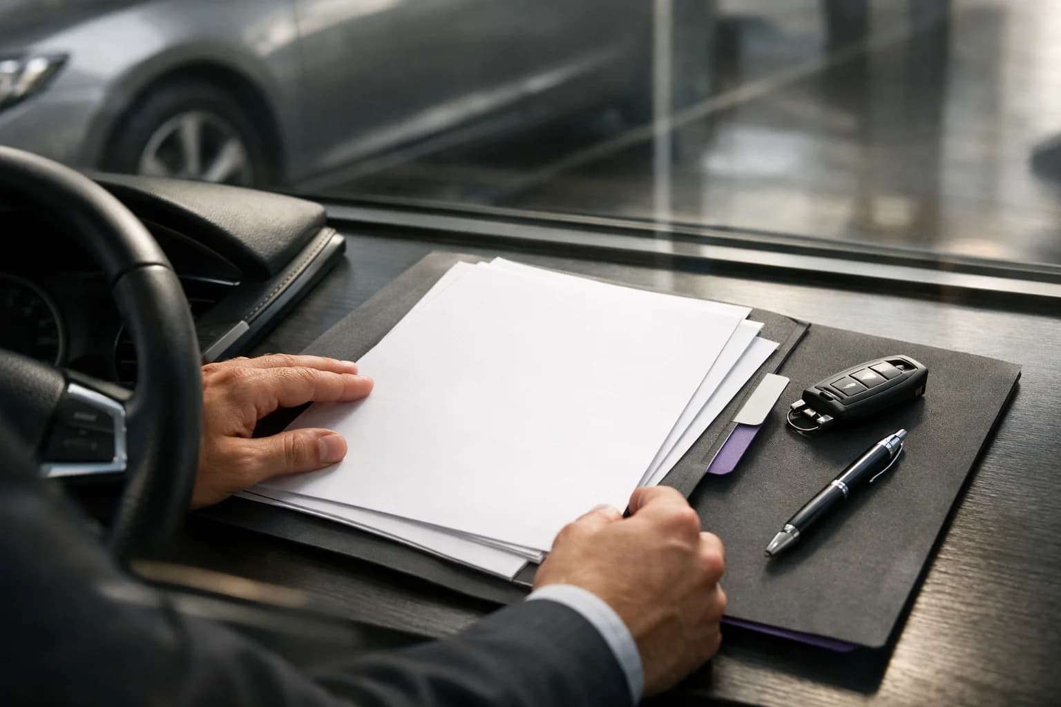 Auto a noleggio lungo termine davanti a una concessionaria con documenti di contratto sul tavolo