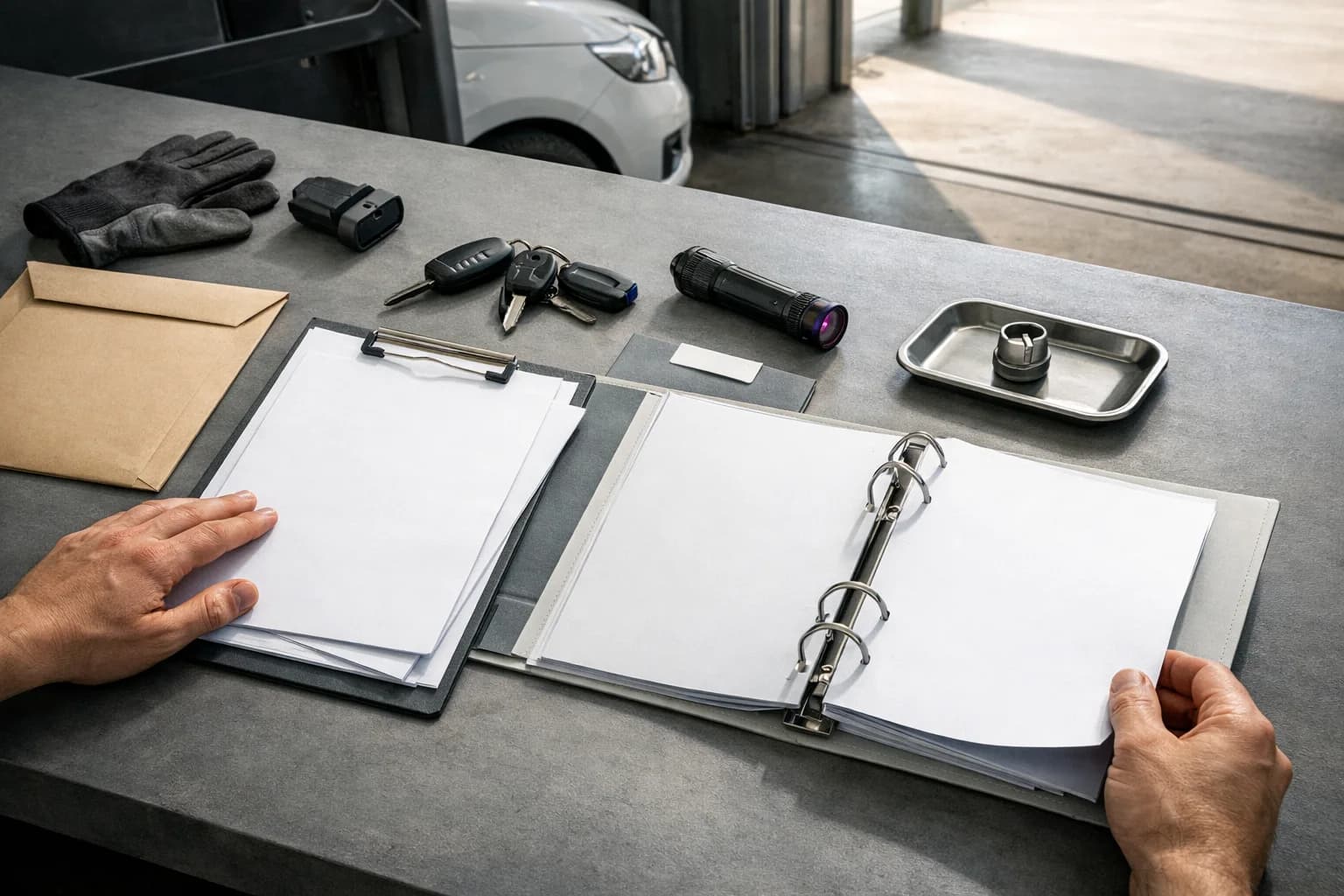 Consulente automotive che spiega la manutenzione straordinaria nel noleggio a lungo termine a un cliente