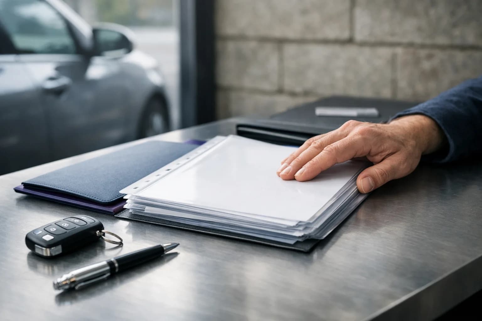 Concessionario che verifica documenti e visura per un’auto ex noleggio lungo termine
