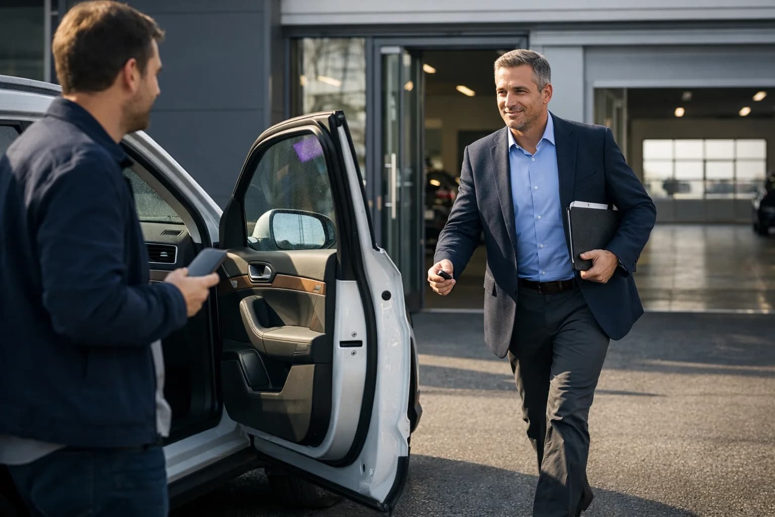 Venditore automotive che usa il test drive per qualificare un lead in showroom