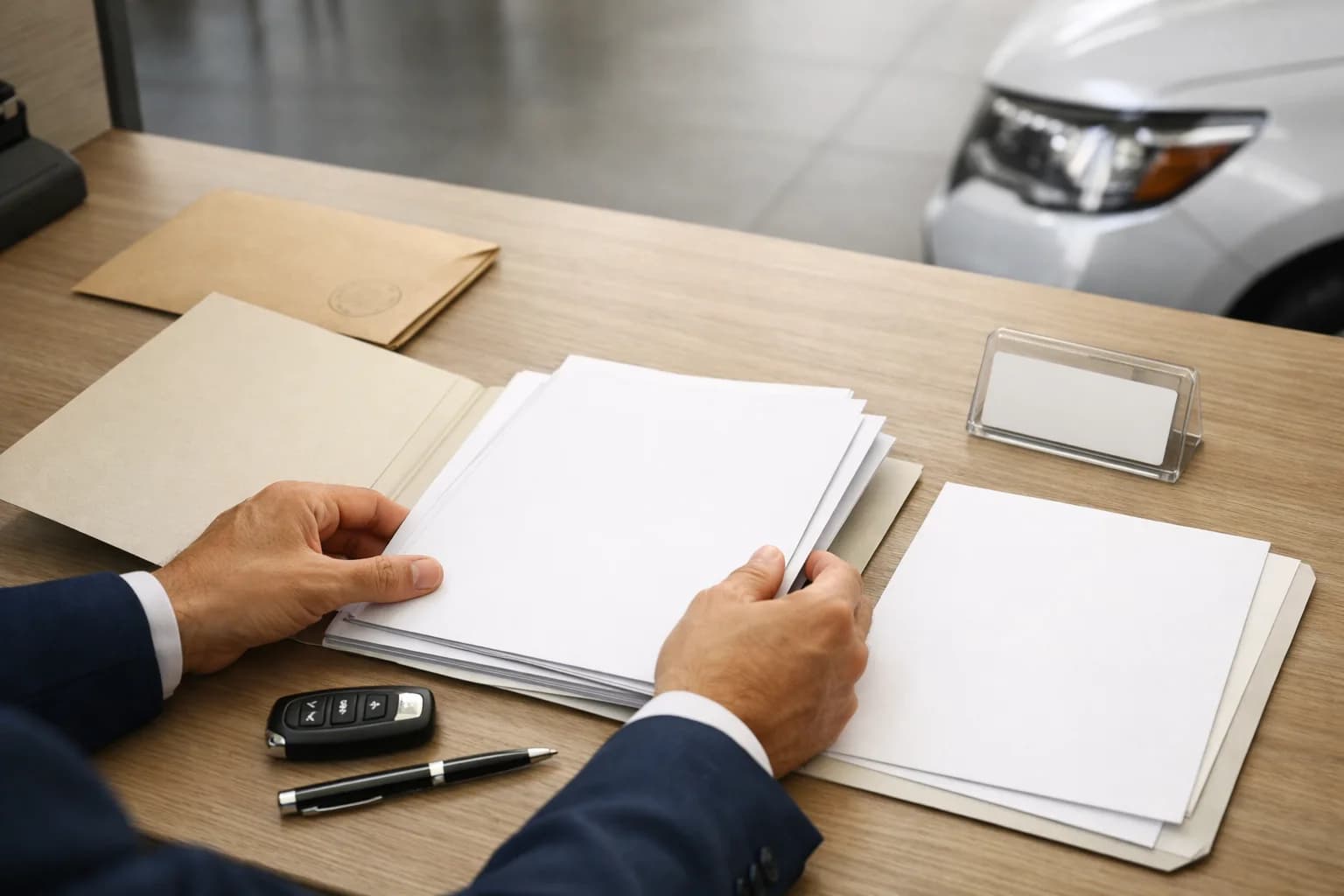 Consulente automotive che gestisce un contratto di noleggio a lungo termine su auto nuova in arrivo