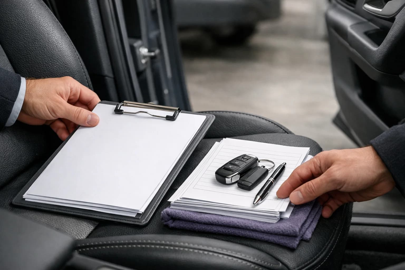 Operatore che consegna un’auto al cliente con checklist, chiavi e documenti in mano