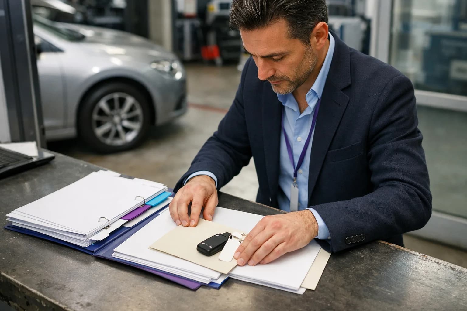 Cliente in officina che riceve informazioni su veicolo sostitutivo nel noleggio a lungo termine