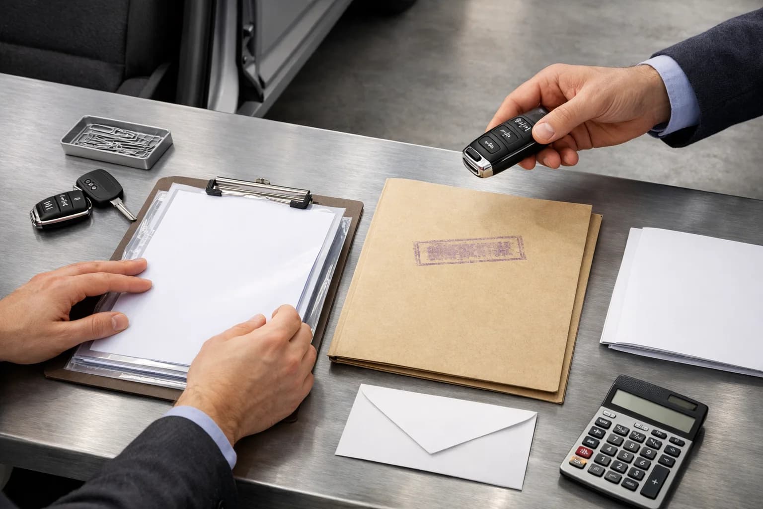 Operatore che valuta il subentro di un contratto di noleggio a lungo termine con checklist e documento contrattuale