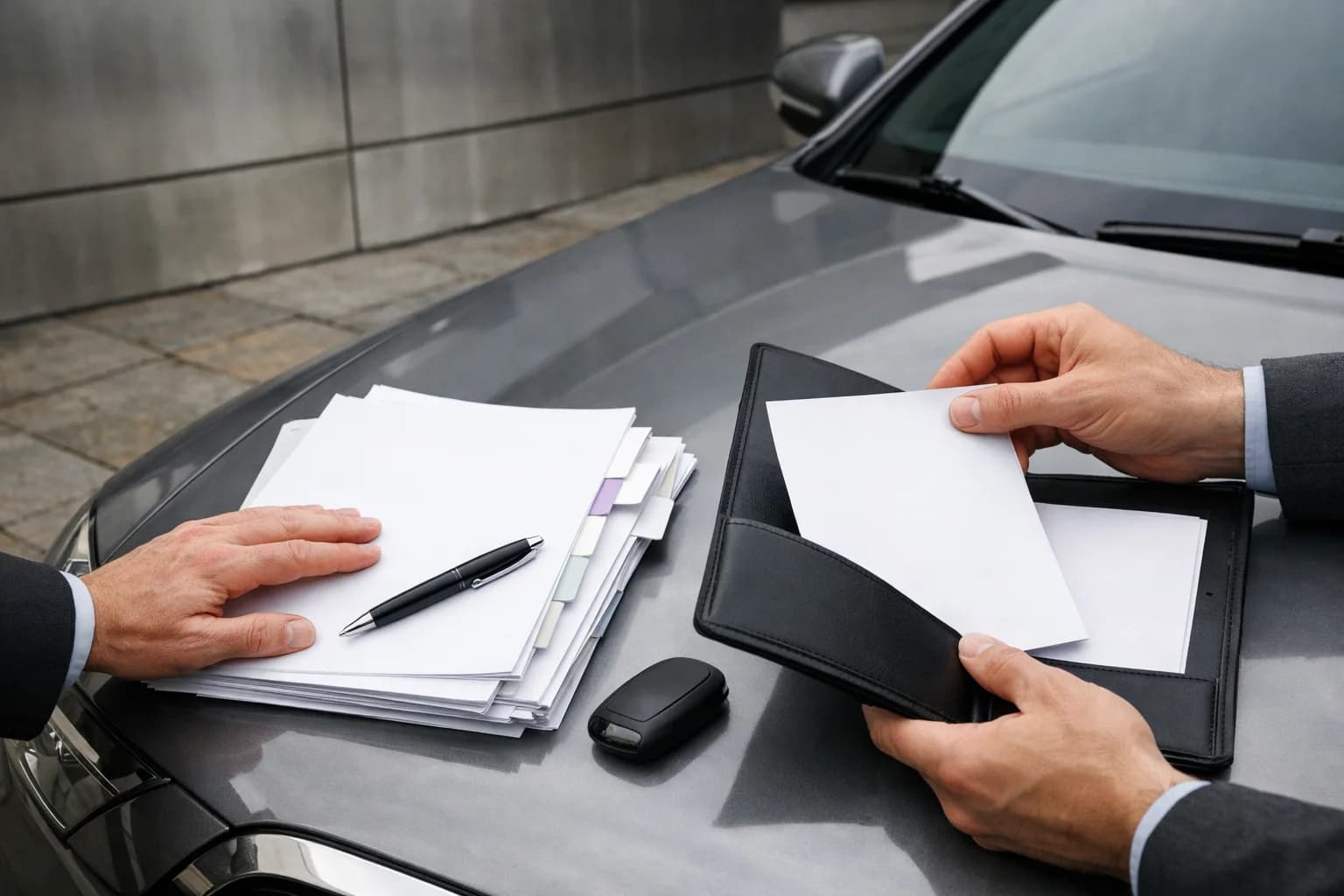 Consulente automotive che confronta preventivi di noleggio a lungo termine con coperture assicurative e franchigie