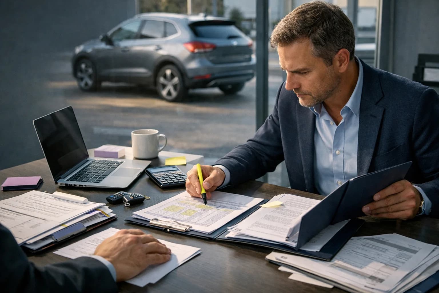 Consulente in concessionaria confronta il TCO di un’auto business con un cliente