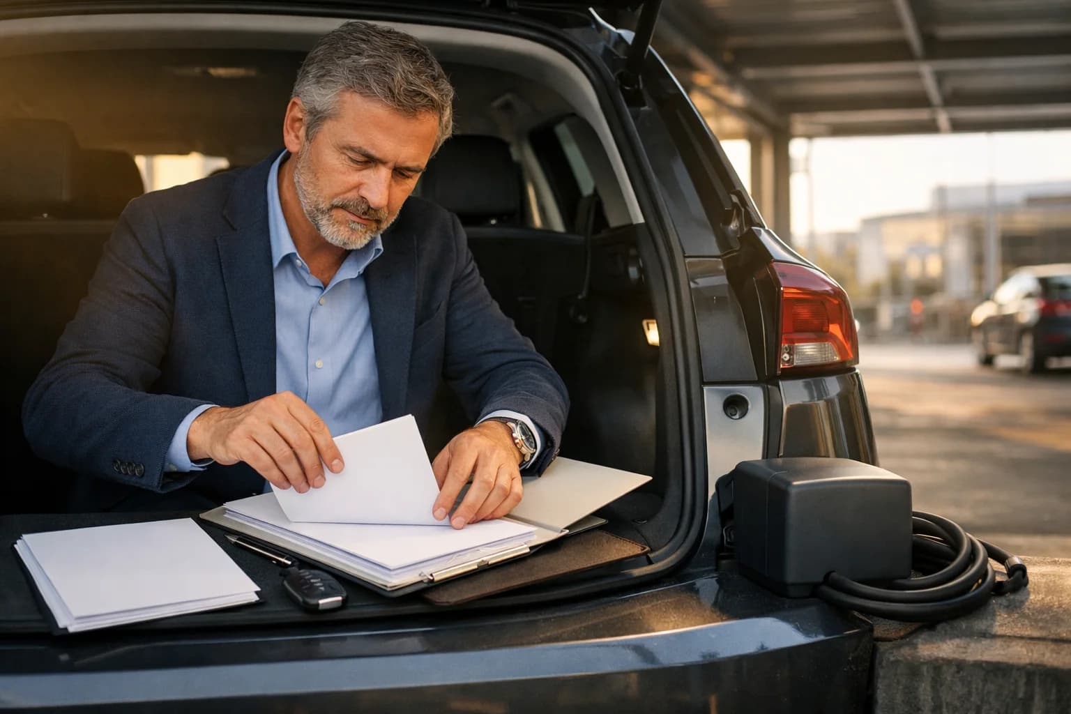 Consulente automotive valuta una soluzione di ricarica domestica da includere nel canone del noleggio lungo termine