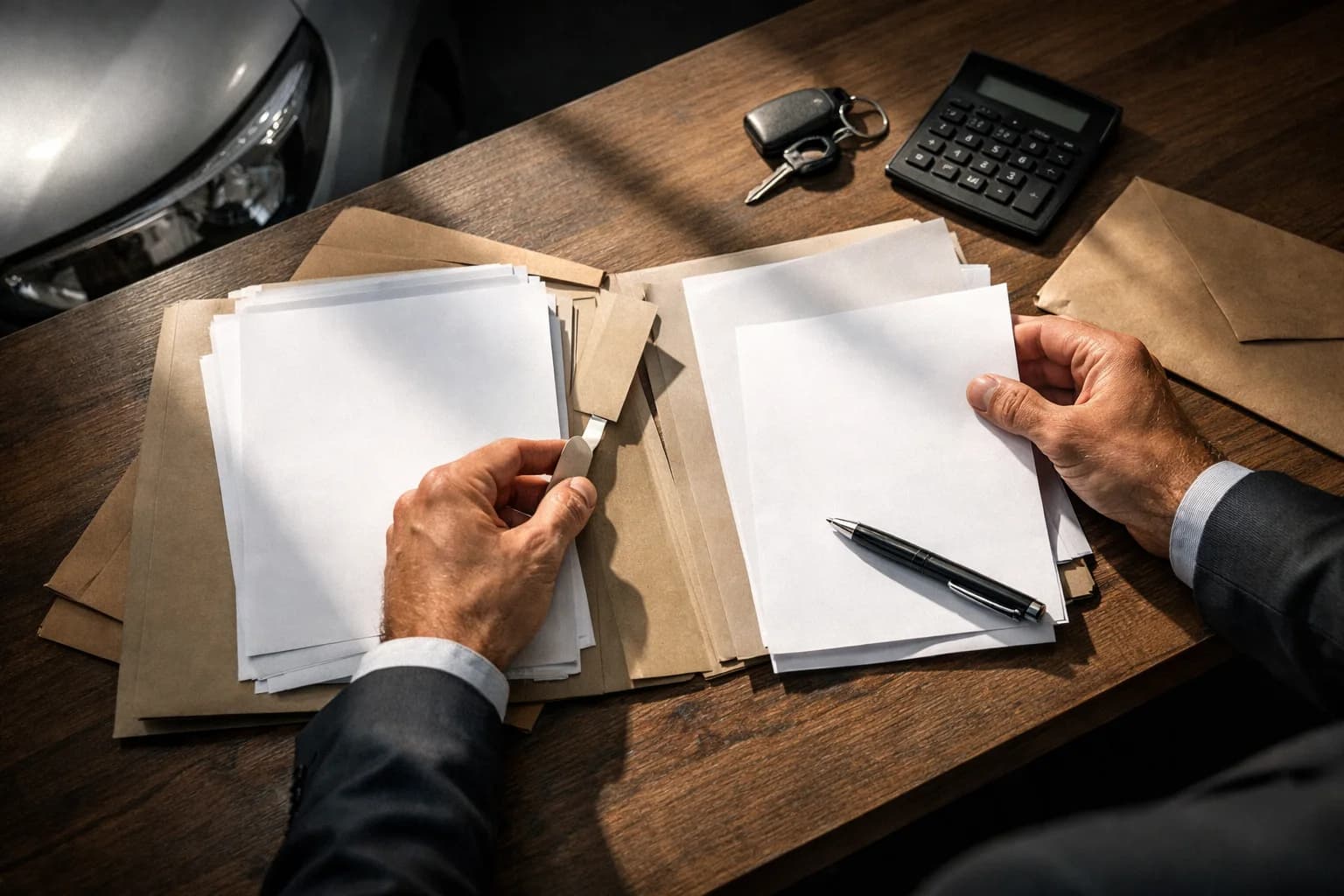 Auto in fase di fine contratto di noleggio lungo termine con consulente e cliente che valutano l'acquisto finale